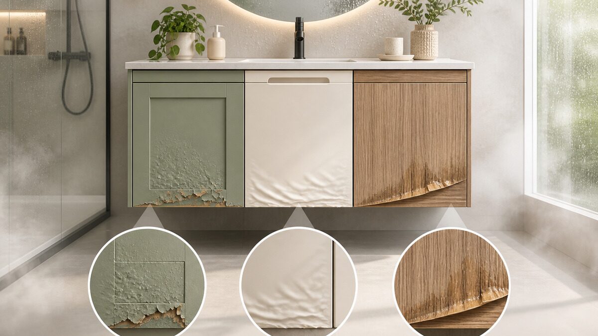 Editorial illustration for Bathroom Vanity Cabinet Finishes Compared: Painted, Thermofoil, and Wood Veneer in a Humid R…