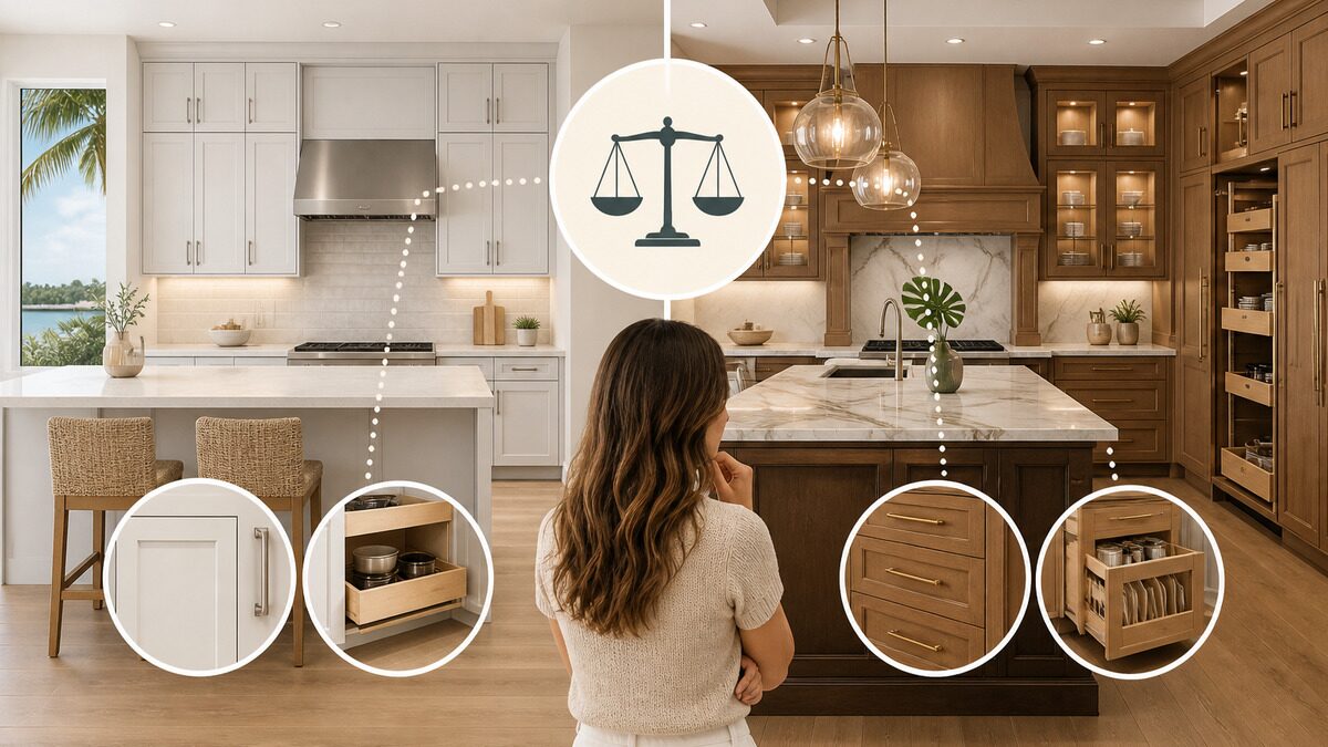 Editorial illustration for Custom vs. Semi-Custom Kitchen Cabinets: Which Is the Better Choice for Florida Homeowners i…