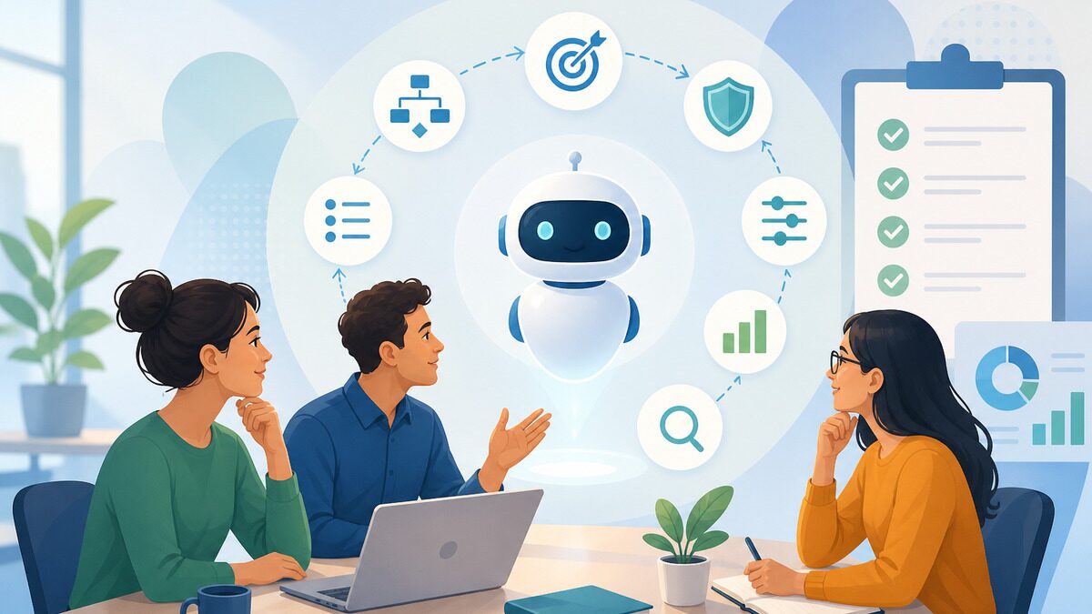 Illustrated AI pilot planning cycle with workflow, goals, approval and review checkpoints.