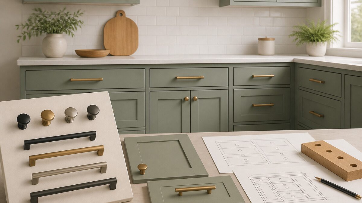 Editorial illustration for Best Hardware for Shaker Cabinets: Knobs, Bar Pulls, and Placement Rules